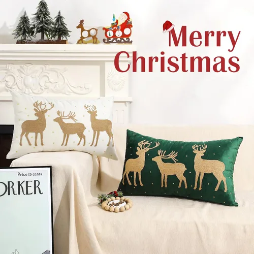 Vista 6 de Lewondr Funda de almohada decorativa de terciopelo suave de Navidad, paquete de 2, con bordado de ciervos, lujosa funda de cojín para sofá