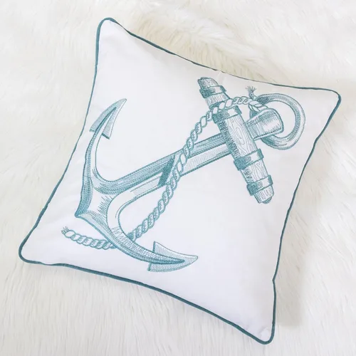 Vista 2 de Funda de almohada bordada de terciopelo verde azulado, con ancla de la serie oceánica, funda de almohada decorativa náutica para decoración