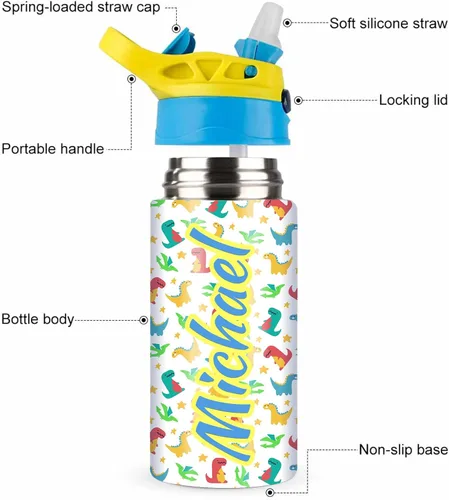 Vista 8 de Botella de agua personalizada para niños, niñas, niños, botellas de agua personalizadas de 12 onzas con nombre y tapa de pajilla, tazas de acero
