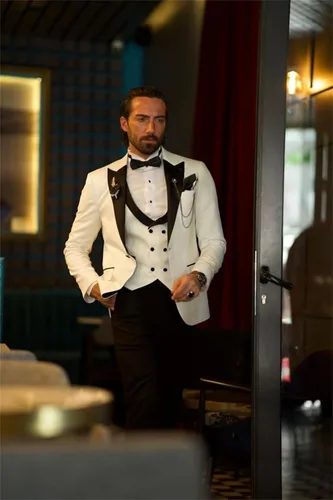 Vista 3 de Wangyue Traje de esmoquin de 3 piezas para hombre, chaleco de doble botonadura, trajes de boda para hombres, fiesta de graduación, traje de esmoquin