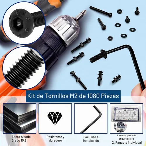 Vista 3 de Kit surtido de tornillos M2 de 1080 piezas, tornillos M2 M2x4/6/8/10/12/16/20/0.984 in, tornillos M2 de cabeza de botón hexagonal métrica de acero