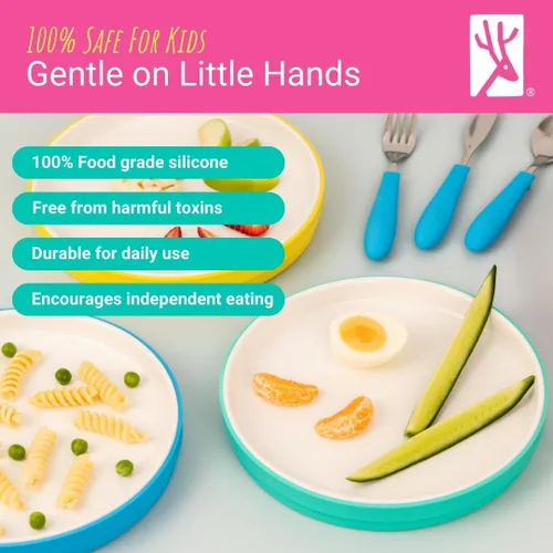 Vista 3 de Elk and Friends Platos blancos de porcelana para niños de 7.8 pulgadas con fundas de silicona, adecuados para bebés/niños pequeños, aptos