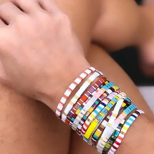 Vista 6 de Sonateomber Tila - Pulseras elásticas con cuentas planas para mujer, pulsera de cuentas coloridas