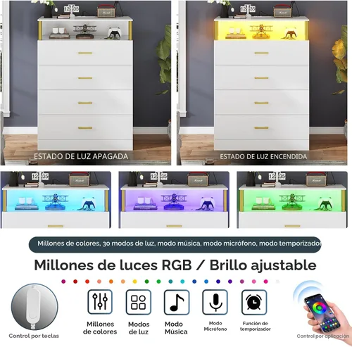 Vista 3 de AOGLLATI Cómoda blanca para dormitorio con diseño de columna, cómoda de 4 cajones con estación de carga, cómoda moderna led alta para dormitorio