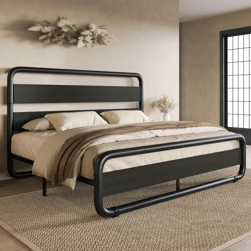 Vista 11 de SHA CERLIN Base de cama de metal de tamaño individual con cabecera y estribo de madera, base de cama de plataforma ovalada resistente