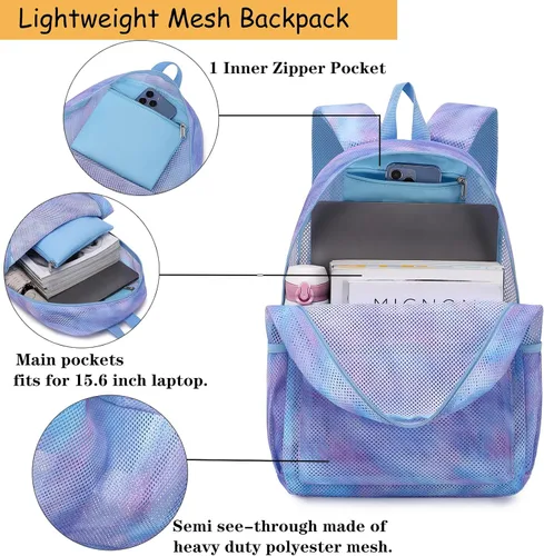 Vista 5 de Mochila de malla para niñas, mochila escolar semitransparente para adolescentes, bolsas de malla con bolsa de maquillajebolsa para lápices, Un