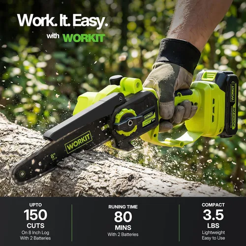 Vista 2 de WORKIT Mini motosierra inalámbrica, motosierra eléctrica de 8 pulgadas con 2 baterías, motosierra de mano con engrasador automático, tensión sin