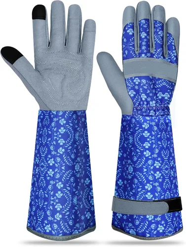 Vista 13 de Guantes largos de jardinería para mujer, guantes de cuero a prueba de espinas, guantes de trabajo transpirables para mujeres, patio, exteriores