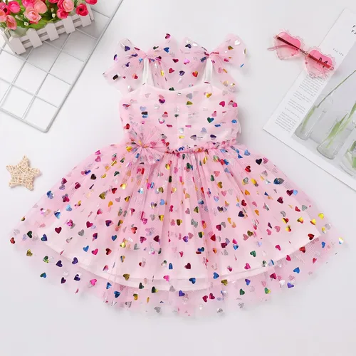 Vista 4 de Vestido de tul para niña pequeña con lentejuelas de lunares y mangas de malla con volantes, vestido de fiesta de cumpleaños para invitada de boda