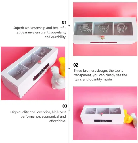 Vista 3 de White Wooden Tea Box with Top, Three Compartments