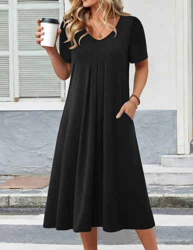 Vista 2 de Zeagoo Vestido de verano para mujer, casual, floral, midi, con bolsillos, cuello en V, plisado, manga corta, estilo alineado, para vacaciones