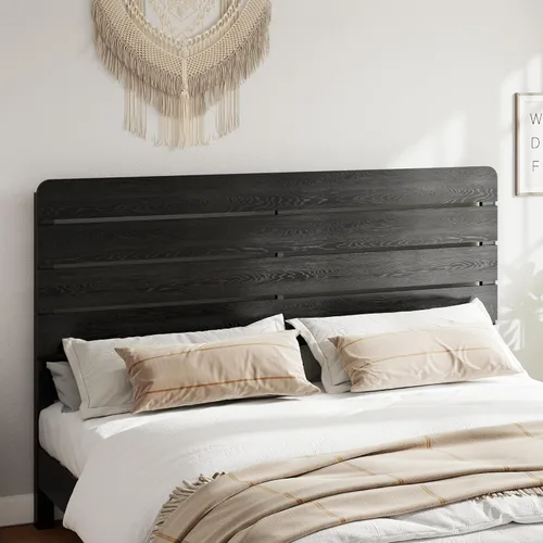 Vista 5 de Marco de cama de madera tamaño King con cabecera, base de cama de plataforma estilo granja rústica con soporte de listones de madera, resistente