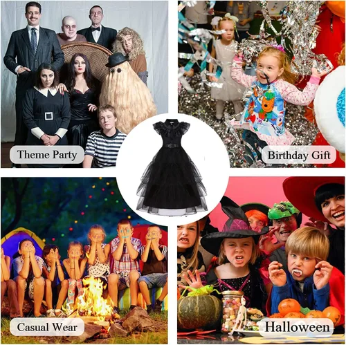 Vista 5 de YUEGOO Vestido de disfraz negro para niñas, disfraces de Halloween, vestido de fiesta de cosplay con accesorios de 3 a 12 años