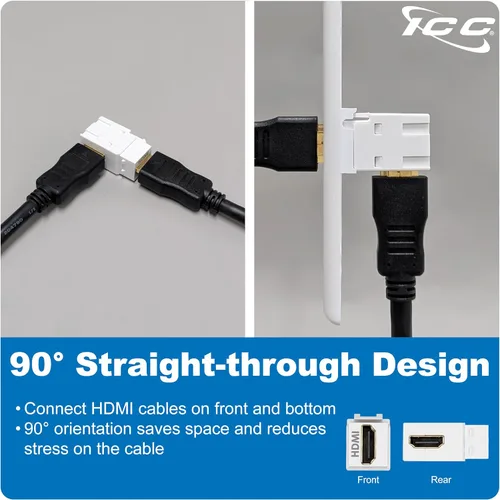 Vista 5 de ICC Conector Keystone HDMI de 90 grados, acoplador HDMI hembra a hembra, inserto de ángulo recto para placa de pared, estilo HD, blanco, individual