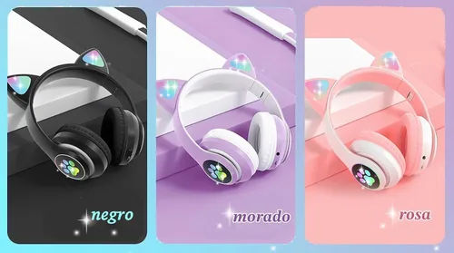 Vista 5 de Auriculares inalámbricos para niños y niñas con orejas de gato, LED que brillan con luces Bluetooth con micrófono para Negro