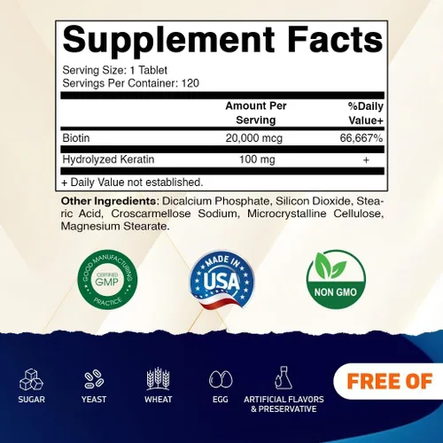 Vista 2 de Vitamatic Biotina de alta potencia de 20000 mcg (20 mg) con queratina 100 mg – 120 tabletas – Suplementos de biotina para un cabello, piel y uñas
