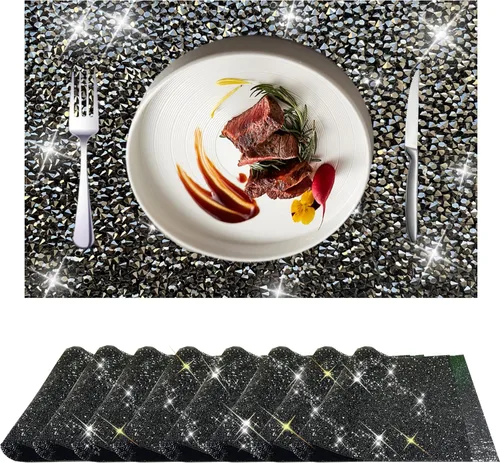 Vista 23 de Juego de 1 mantel individual redondo en negro, manteles individuales brillantes resistentes al calor, lavables, para cena, cocina, boda, decorativos