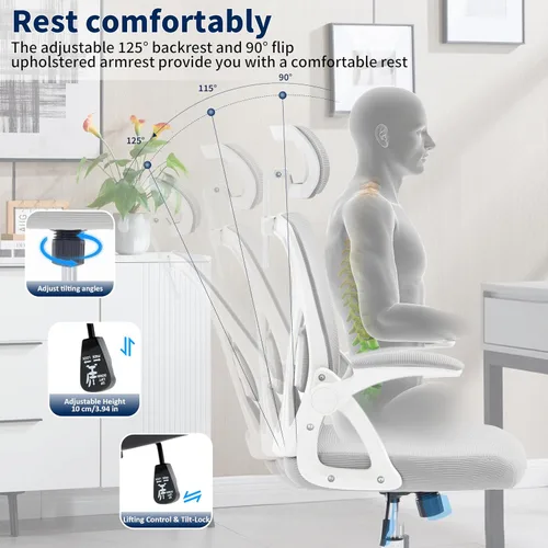 Vista 7 de Silla de Oficina, Silla de Escritorio Ergonómica con Soporte Lumbar Ajustable, Silla de Oficina Gris de 400 Libras Silla de Computadora de Malla
