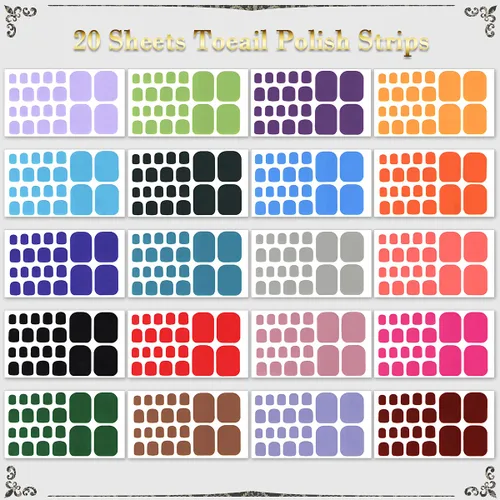 Vista 2 de 20 hojas de tiras de esmalte de uñas de los pies para mujer, calcomanías de color sólido para uñas de los pies, envolturas completas para niñas