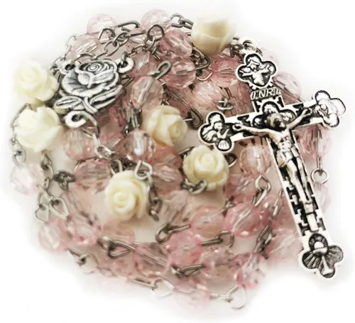 Vista 2 de Lourdes - Rosario de rosa rubor para mujer, regalo católico, collar de rosario para mujer