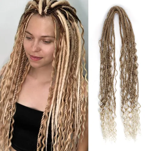 Vista 46 de Extensiones de rastas trenzadas bohemias de 24 pulgadas, 10 hebras de rastas sintéticas rizadas color marrón degradado con trenza de caja, rastas