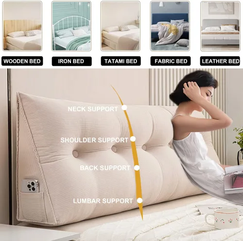Vista 3 de Cojín triangular grande para cabecero de lectura, almohada para reposo en cama, respaldo triangular, respaldo de forro polar, soporte de Beige