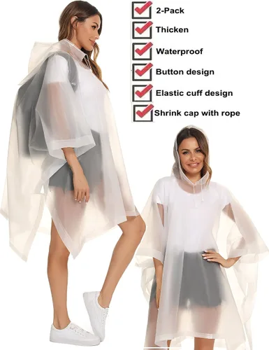 Vista 3 de Ponchos de lluvia reutilizables con capucha con cordón para adultos, abrigo de lluvia grueso impermeable, 2 paquetes