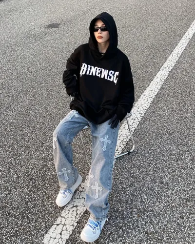 Vista 3 de KCLOT Jeans rectos estilo hip hop para hombre, de pierna ancha, estilo de los años 90