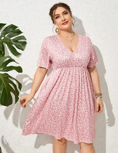 Vista 4 de ShopWonder Vestido de talla grande para mujer, con cuello en V, acampanado, largo hasta la rodilla, vestido de fiesta, minivestido de fiesta