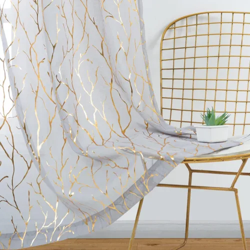 Vista 4 de Kotile Cortinas traslúcidas de rama de árbol – Cortinas traslúcidas grises con estampado de rama de árbol en lámina dorada metálica de 63 pulgadas