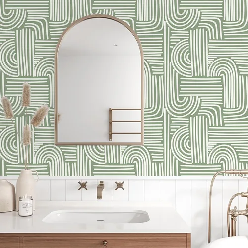 Vista 5 de VEELIKE Papel tapiz geométrico verde salvia para despegar y pegar, papel tapiz geométrico abstracto bohemio para dormitorio, baño, pared decorativa