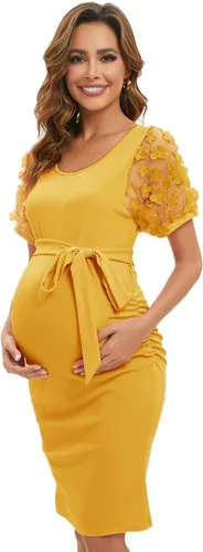 Vista 3 de ZIUMUDY Vestido ajustado de maternidad de manga corta con diseño de obispo de malla floral para sesión de fotos de maternidad, vestido de baby shower