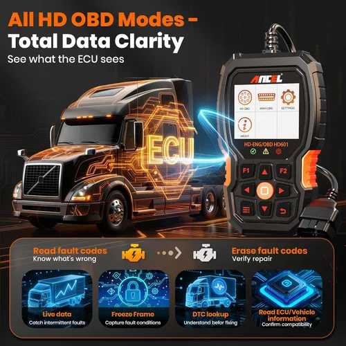 Vista 3 de ANCEL Escáner de Camión Resistente HD601 Herramienta de Diagnóstico de Sistema Completo para Diésel Compatible con Cummins, Detroit, Freightliner