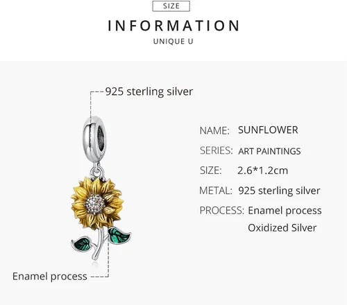 Vista 4 de Shysnow Pulseras de plata de ley 925 con dije de girasol, chapado en oro, circonita cúbica, con abalorios, brazalete, collar