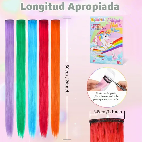 Vista 2 de Kyerivs 48 extensiones de cabello con clip de colores, regalo para niñas, extensiones de cabello arcoíris de 20 pulgadas para niñas, accesorios