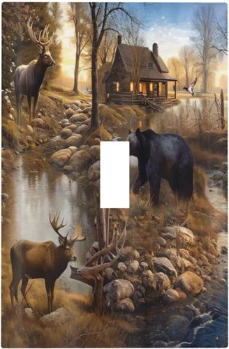 Vista 64 de Bear Moose Lodge Woodland - Placa de interruptor de luz dúplex individual de 1 banda, cubierta de salida decorativa de pared, placa frontal