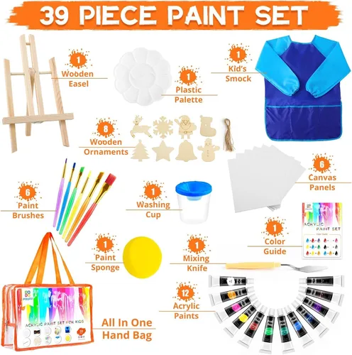 Vista 2 de POPYOLA Juego de pintura acrílica para niños, juego de pintura no tóxica para niños con caballete de mesa, pinturas acrílicas, bata, lienzos
