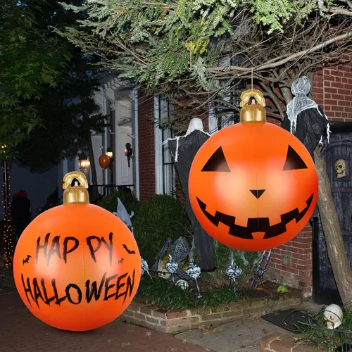 Vista 6 de Jetec 2 piezas inflables de Halloween de 24 pulgadas, decoración al aire libre de PVC colgante de calabaza gigante para árbol, feliz Halloween