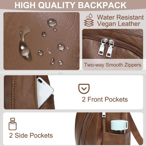 Vista 5 de VASCHY - Mochila para mujer, de piel sintética, moderna, antirrobo, mochila para mujer, con tejido clásico., Marrón), VAAU061BR