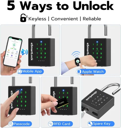 Vista 3 de eLinkSmart Candado inteligente resistente con llave, bloqueo de almohadilla con teclado de código, resistente a la intemperie, Bluetooth RFID