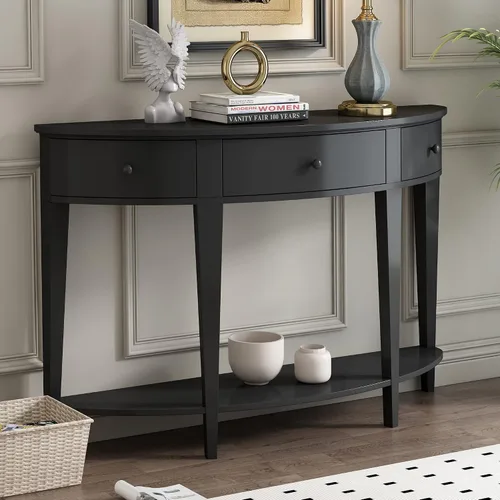 Vista 4 de Polibi Mesa consola Half Moon, mesa de entrada con cajón y estante, patas ajustables, diseño rústico vintage, mesa de sofá para entrada, sala