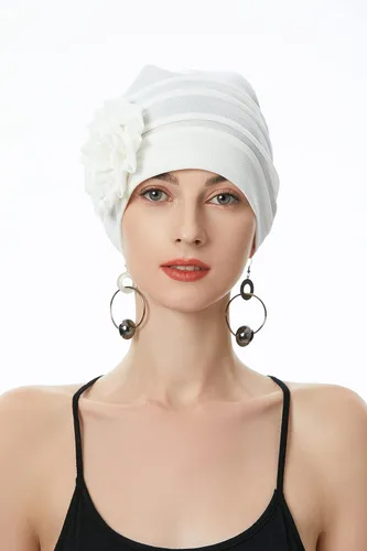 Vista 3 de ZLYC Gorro de verano para mujer, gorro elástico de quimioterapia con flores Blanco floral