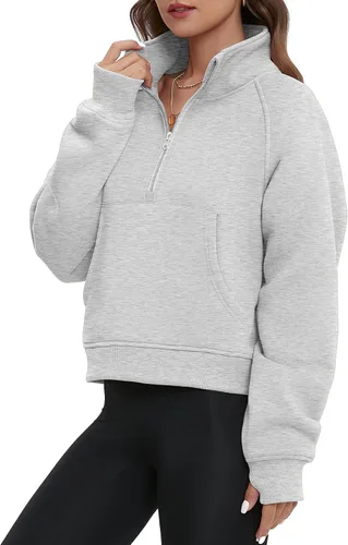 Vista 2 de ATHMILE Sudaderas para mujer, sudaderas cortas con capucha y media cremallera, forro polar, suéter con cremallera de un cuarto, suéter de moda
