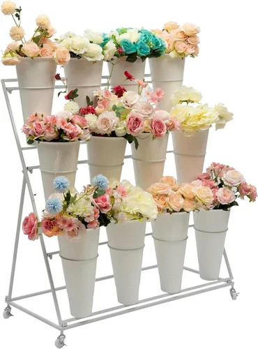 Vista 10 de Soporte de exhibición de flores con cubos y ruedas, estante de flores rodante de 3 niveles de metal para plantas interior y exterior