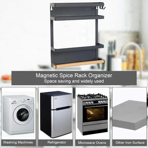 Vista 7 de Organizador de estante para refrigerador, soporte magnético para toallas de papel, para cocina, refrigerador, especias, almacenamiento (negro)