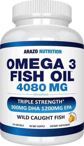 Vista 10 de Arazo Nutrition Concentrado de aceite de pescado omega-3 capturado en la naturaleza – 4,080 mg por porción – EPA alto 1200 mg y DHA 900 mg – 60