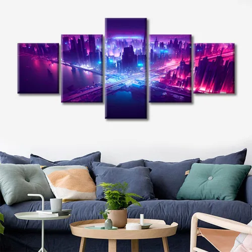 Vista 392 de Cuadros de 5 paneles de Cyberpunk City, arte de pared, representación de vallas publicitarias, edificios modernos en la capital con obras de arte