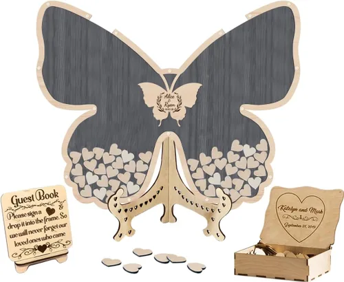 Vista 11 de Libro de invitados de boda de mariposa personalizado con corazones de madera, borde de madera personalizado, ideas alternativas, libro de invitados