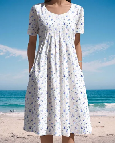 Vista 3 de Vestidos bohemios para mujer, estampado floral, manga corta, cuello redondo, talla grande, vestido de vacaciones con bolsillos para verano 2025