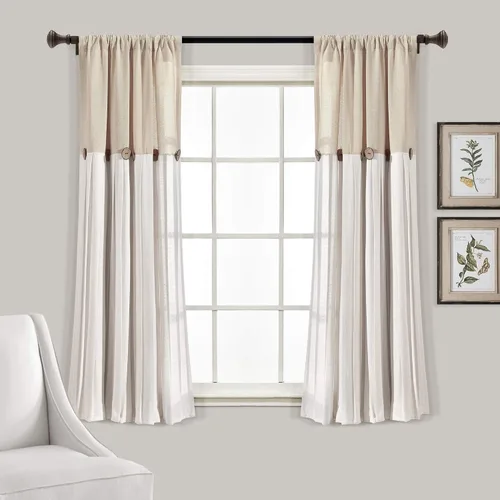 Vista 14 de Lush Decor - Panel de cortina de ventana con botón de lino, único, 40 pulgadas de ancho x 84 pulgadas de largo, negro y blanco claro - Cortinas